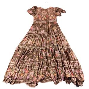 Spell and the Gypsy Meadowland Dress Floral‎ Boho Brown Tiered Button Front XS